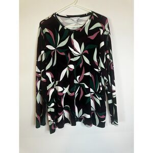 Liz Claiborne Woman 1X Long Sleeve Top Multicolor Leaf Print Stretch